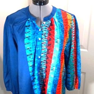 Womens  Sz Large Colorblock Blouse, Blues/Red/Orange